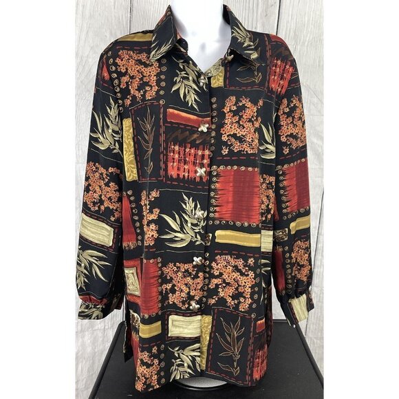 Periphery Womens Size 10 Long Sleeve Button Down Shirt Black Tan Red Floral - Picture 3 of 12
